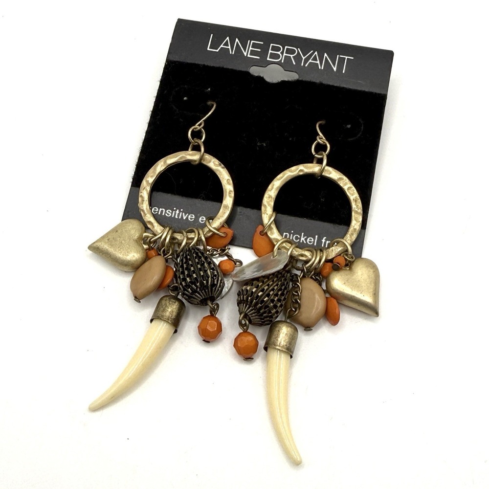 Lane‎ Bryant Gold Tone Hoop Charm Faux Fang Heart Earrings Boho Autumn Colors